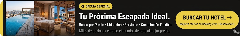 Banner HORIZONTAL optimizado para móviles con enlace de afiliado a Booking para buscar y reservar alojamientos y hoteles.