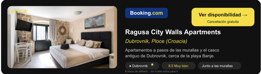 Banner de reserva de Ragusa City Walls Apartments en Dubrovnik, junto a las murallas, valoración 8.5, enlace a Booking.com