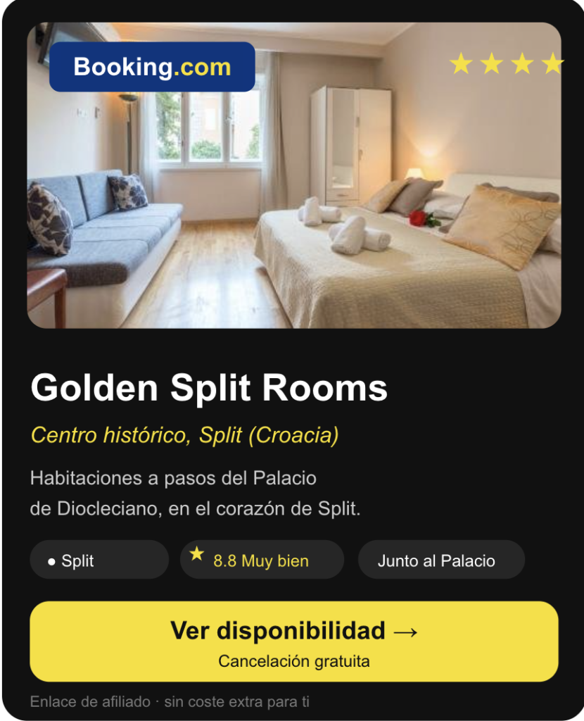 Banner de reserva de Golden Split Rooms en el centro histórico de Split, junto al Palacio de Diocleciano, valoración 8.8, enlace a Booking.com