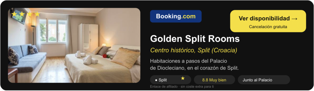 Banner de reserva de Golden Split Rooms en el centro histórico de Split, junto al Palacio de Diocleciano, valoración 8.8, enlace a Booking.com