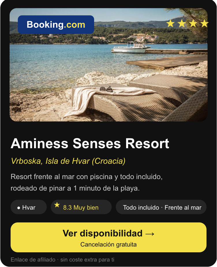 Banner HORIZONTAL optimizado para móviles con enlace de afiliado a Booking para buscar y reservar alojamientos y hoteles hvar