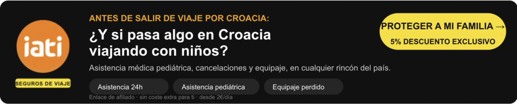 Banner de seguro de viaje IATI para familias que viajan a Croacia, con asistencia pediátrica, cancelaciones y equipaje, descuento del 5% exclusivo