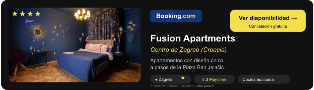 Banner de reserva de Fusion Apartments en el centro de Zagreb, apartamentos de diseño cerca de la Plaza Ban Jelačić, valoración 8.3, enlace a Booking.com