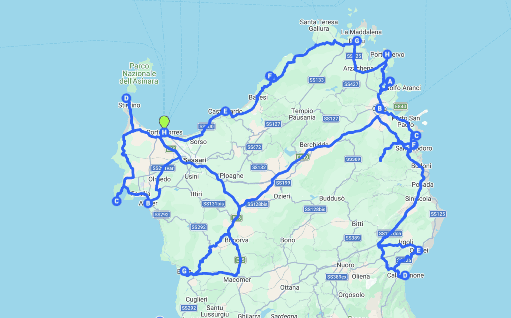 Mapa de la ruta por el norte de Cerdeña en coche 15 días en familia.
