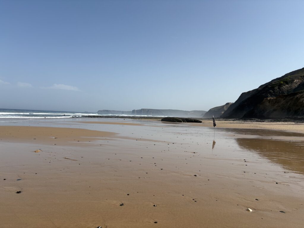 alt="Vasta playa de arena dorada con acantilados oscuros al fondo bajo un cielo azul despejado en Portugal"