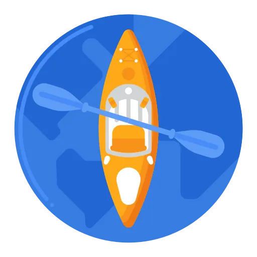 Un icono circular animado de un kayak naranja con remos sobre un fondo azul, que ilustra las actividades de aventura y la logística de ferries en la guía.