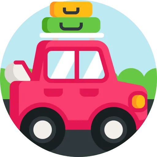 Un icono circular animado de un coche rosa con maletas en el techo, que representa un viaje por carretera o 'road trip' en la guía de Croacia.