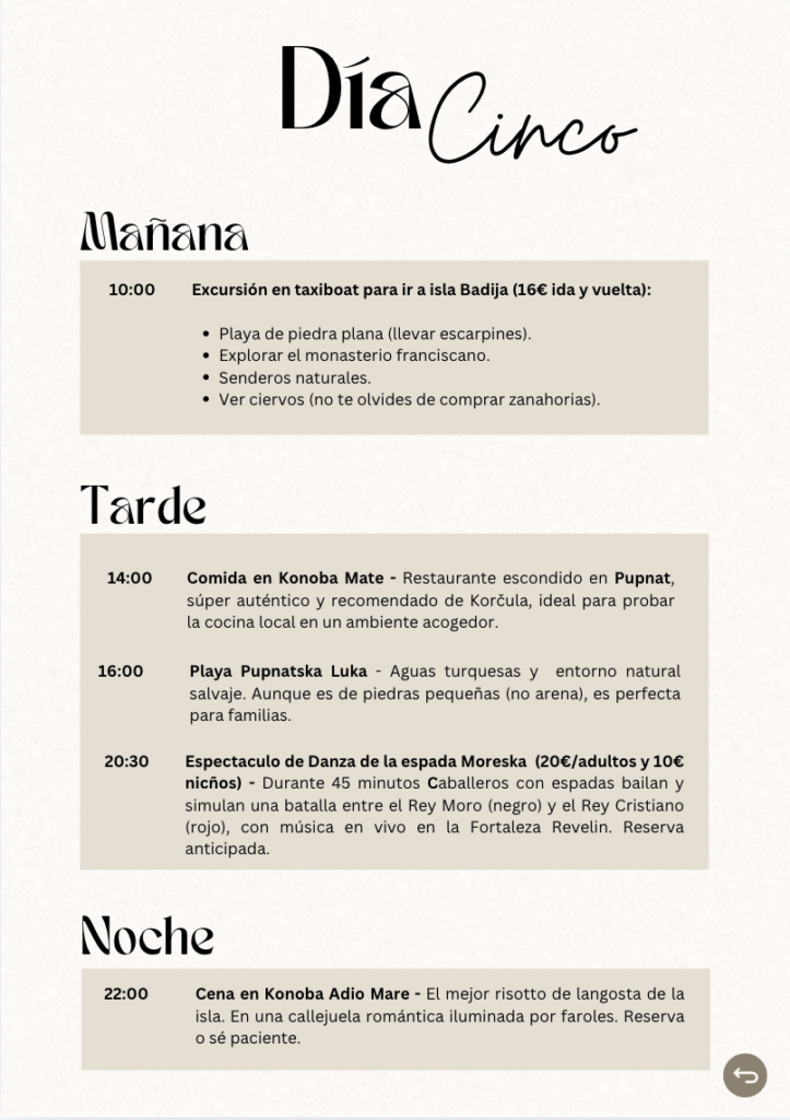 alt="Página interior de la guía de Croacia con itinerario detallado del día cinco, horarios y restaurantes"