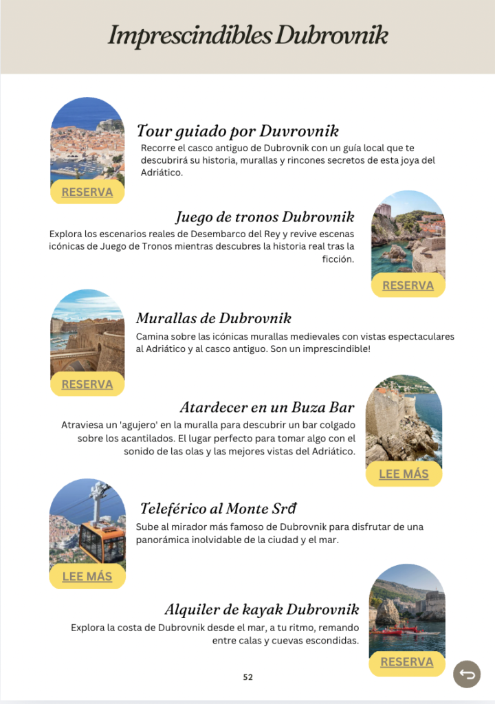alt="Página de actividades imprescindibles en Dubrovnik con fotos, precios y links de reserva"