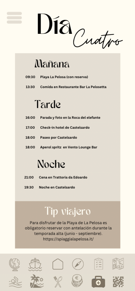 alt="Página interior de la guía de Cerdeña con itinerario del día cuatro, playas y restaurantes"