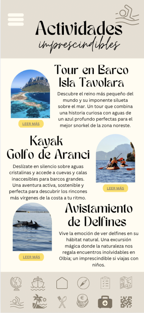 alt="Página de actividades en Cerdeña con kayak, avistamiento de delfines y tour en barco con niños"